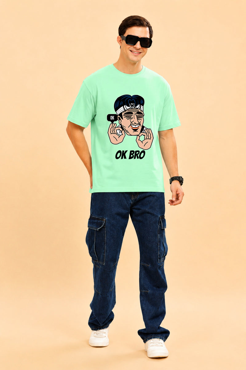 Faltu.co Ok Bro Men’s Printed Oversized Baggy Fit Rich Soft Cotton Fabric T-shirt