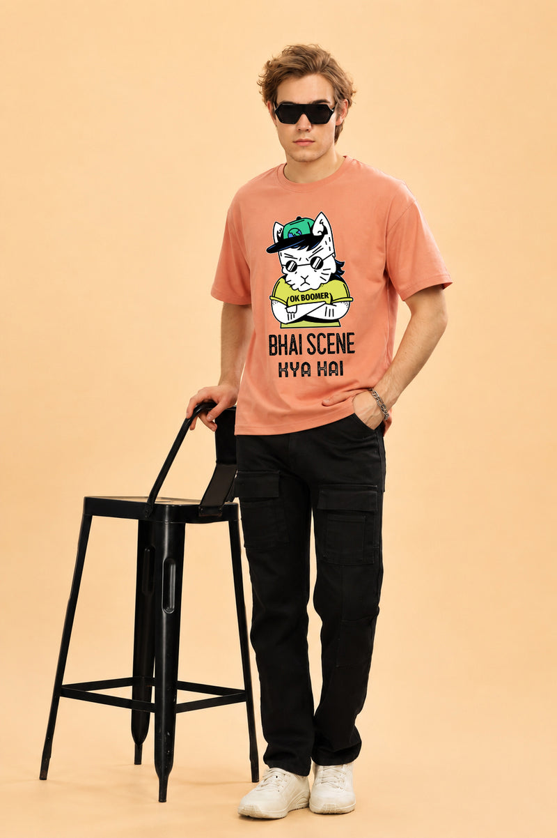 Faltu.co Bhai Scene Kya Hai Men’s Printed Oversized Baggy Fit Rich Soft Cotton Fabric T-shirt