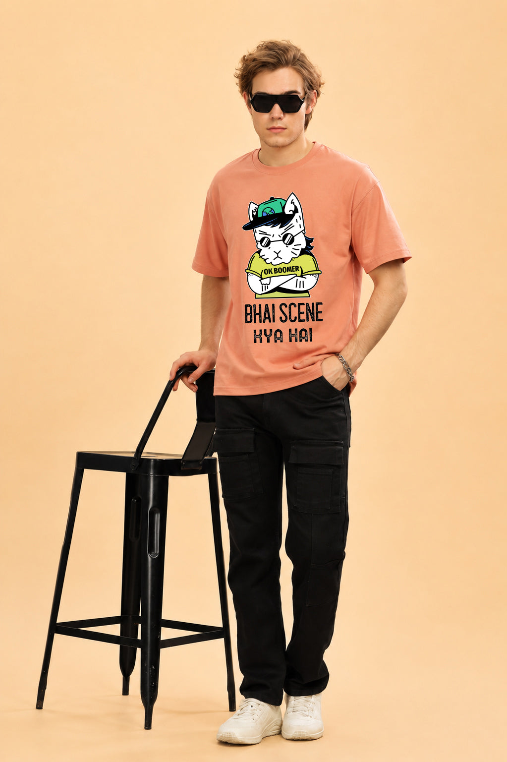 Faltu.co Bhai Scene Kya Hai Men’s Printed Oversized Baggy Fit Rich Soft Cotton Fabric T-shirt