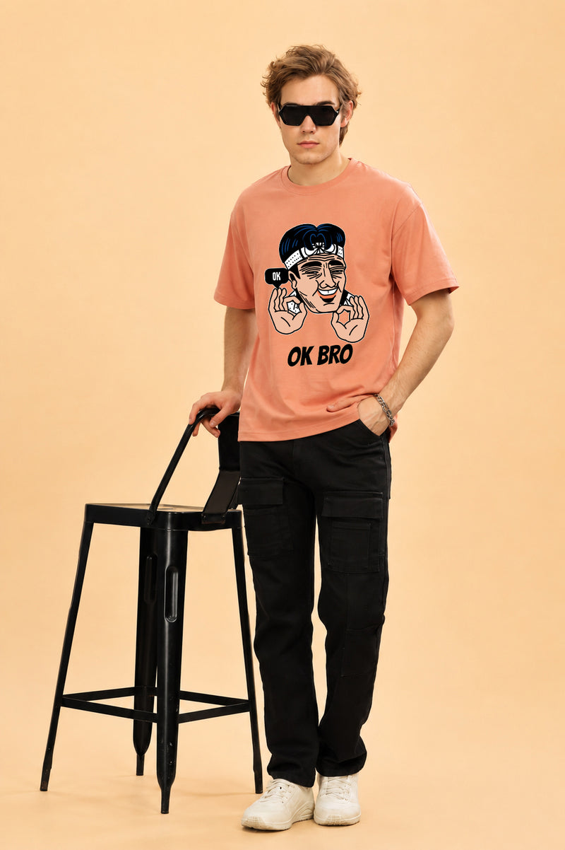 Faltu.co Ok Bro Men’s Printed Oversized Baggy Fit Rich Soft Cotton Fabric T-shirt