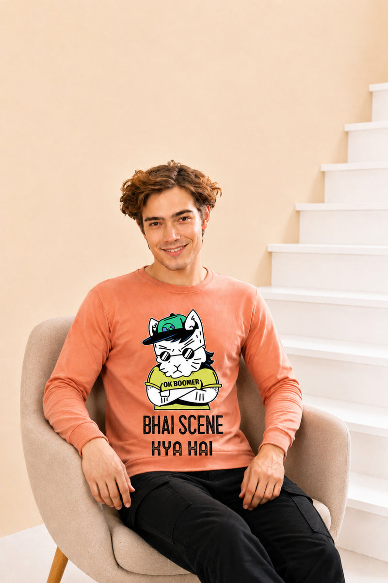 Faltu.co Bhai Kya Scene Hai Printed Men’s Full Sleeve Premium Pure Cotton Sweatshirt