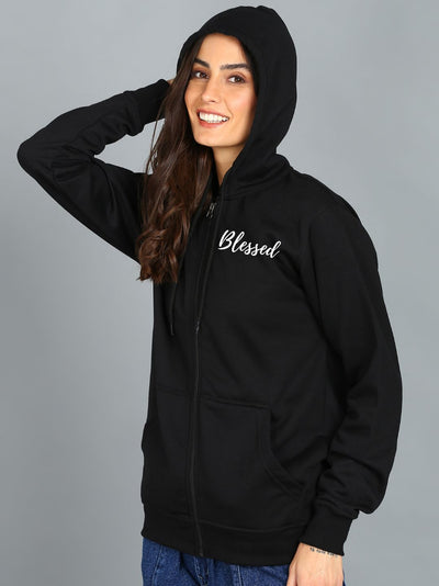 Blessed Printed Women's Cotton Full Zipper Sweatshirt Hoodies with Kangaroo Pocket Winter Wear Hooded Neck Sweatshirt