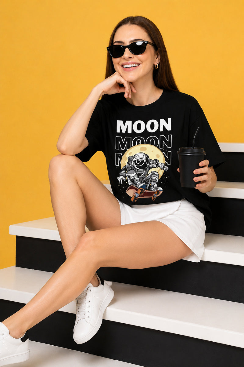 Moon Printed Oversized Baggy Loose Fit T-Shirt