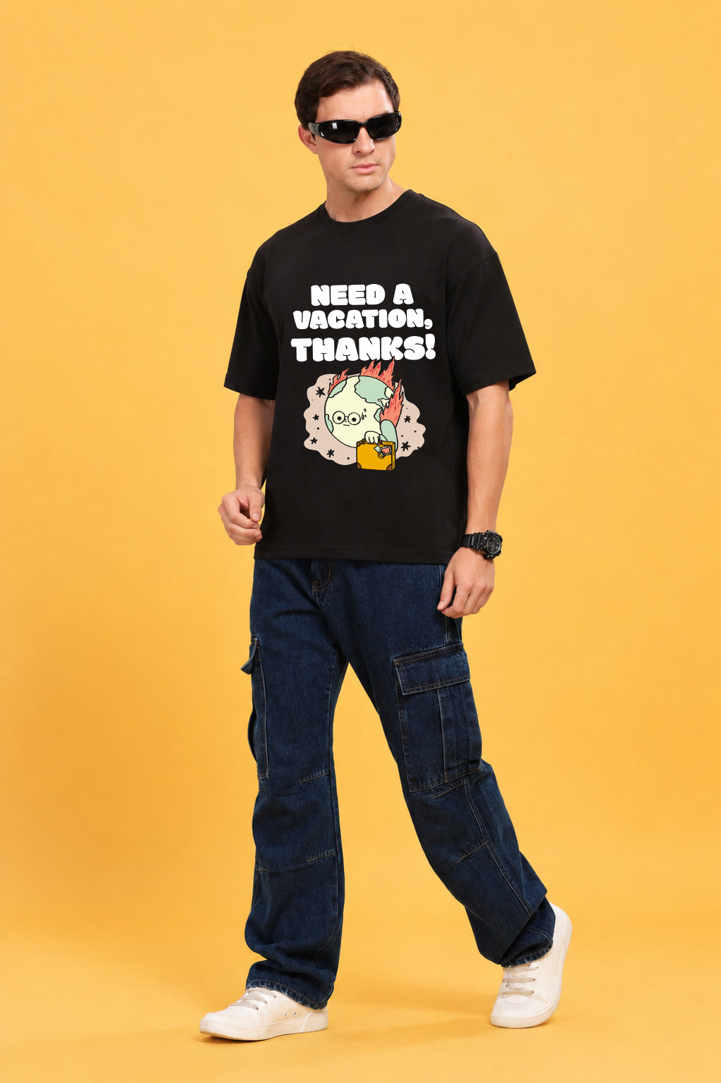Faltu.co Need A Vacation Thanks Men’s Printed Oversized Baggy Fit Rich Soft Cotton Fabric T-shirt