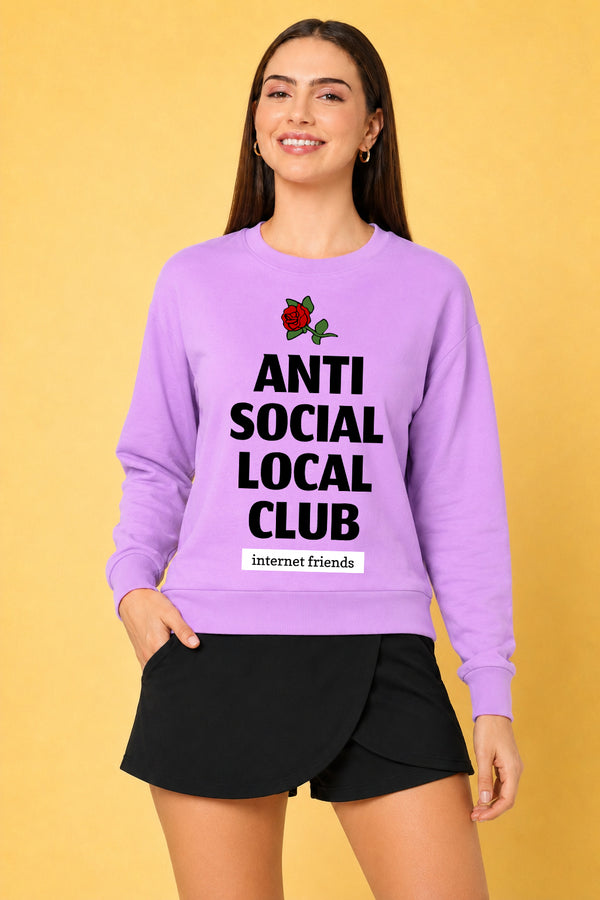 Anti Social Local Club Printed Women’s Cozy & Stylish Full Sleeve Pastel Colour Sweatshirt