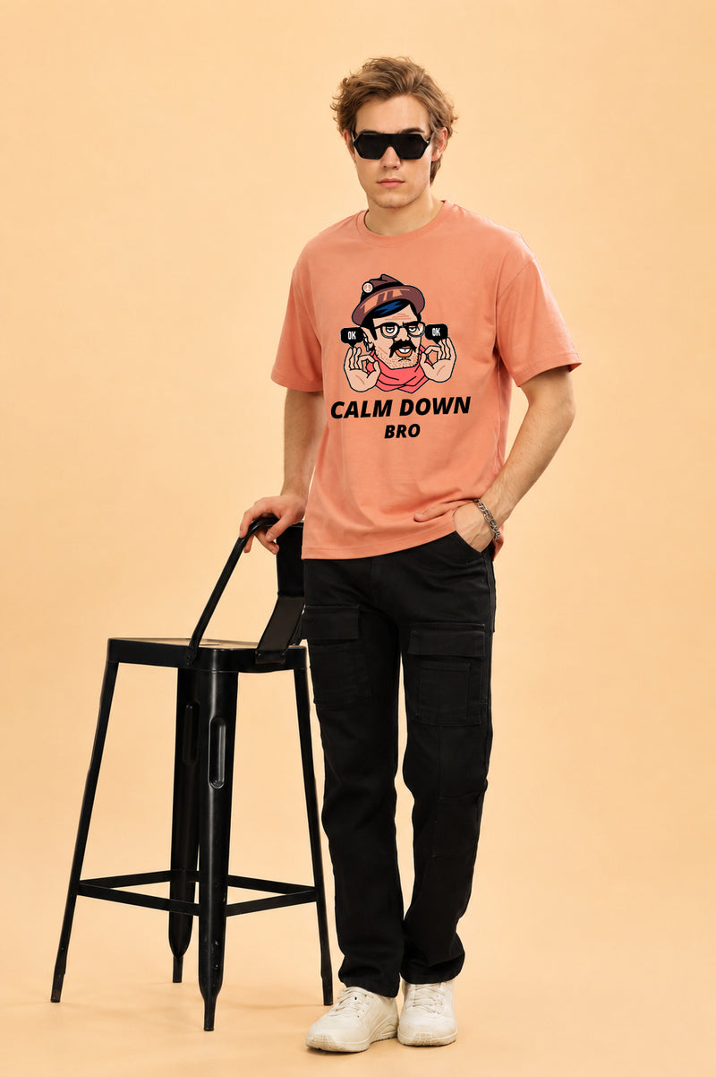 Faltu.co Calm Down Bro Men’s Printed Oversized Baggy Fit Rich Soft Cotton Fabric T-shirt