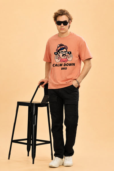 Faltu.co Calm Down Bro Men’s Printed Oversized Baggy Fit Rich Soft Cotton Fabric T-shirt