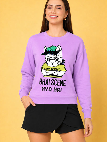 Bhai Scene Kya Hai Printed Women’s Cozy & Stylish Full Sleeve Pastel Colour Sweatshirt