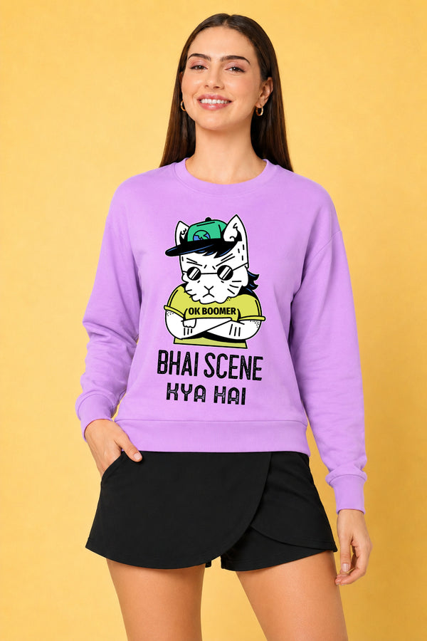 Bhai Scene Kya Hai Printed Women’s Cozy & Stylish Full Sleeve Pastel Colour Sweatshirt