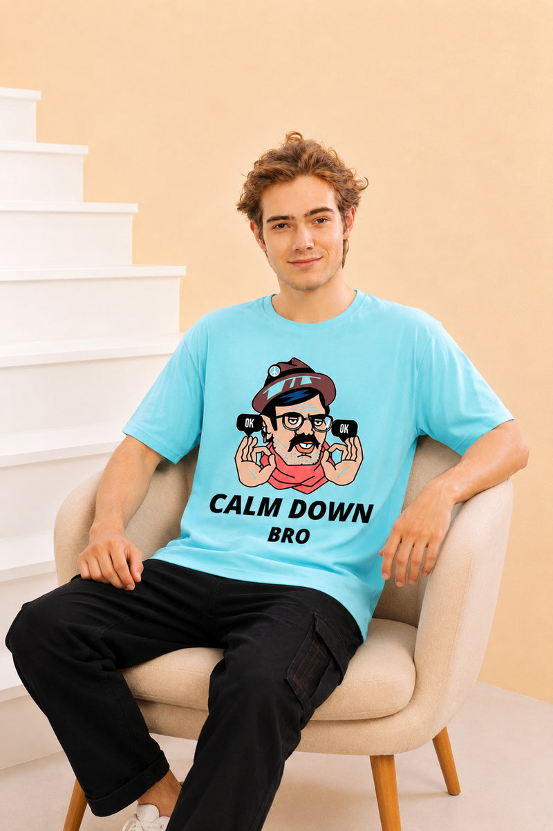 Faltu.co Calm Down Bro Men’s Printed Oversized Baggy Fit Rich Soft Cotton Fabric T-shirt
