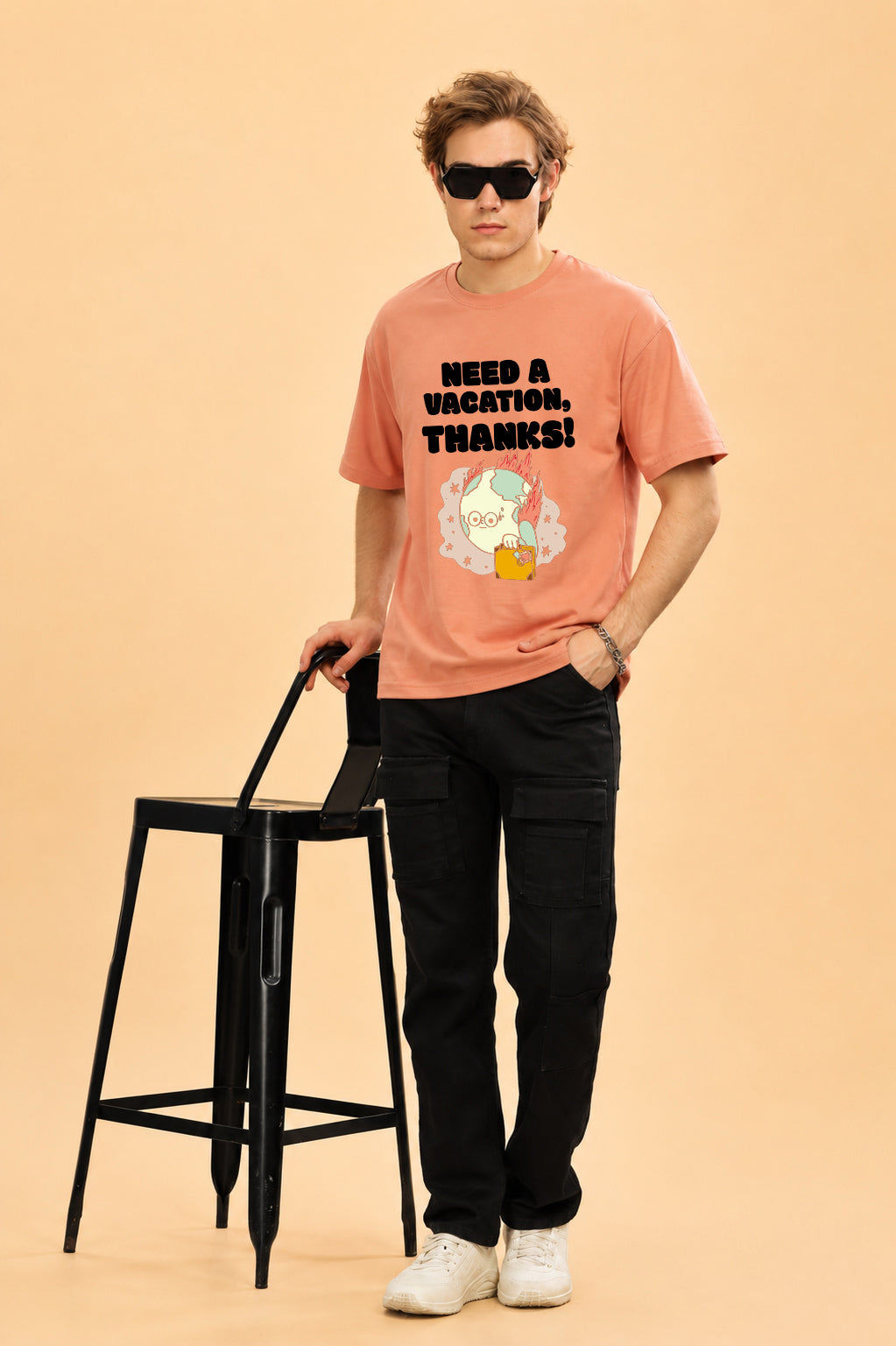 Faltu.co Need A Vacation Thanks Men’s Printed Oversized Baggy Fit Rich Soft Cotton Fabric T-shirt