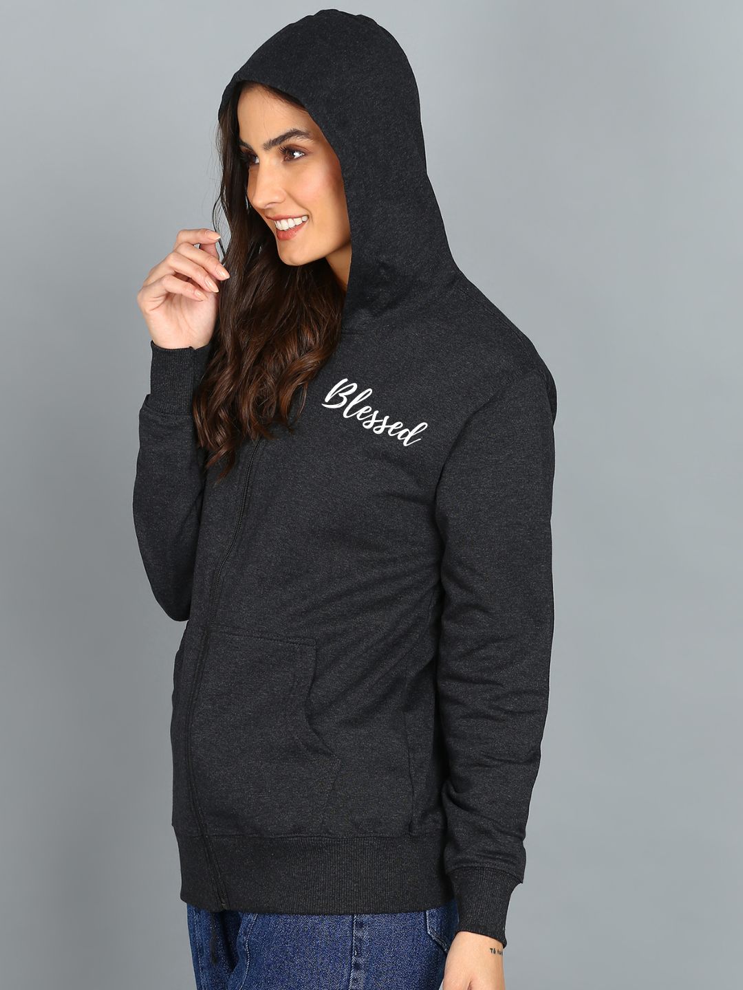 Blessed Printed Women's Cotton Full Zipper Sweatshirt Hoodies with Kangaroo Pocket Winter Wear Hooded Neck Sweatshirt