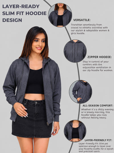 Women’s Charcoal Grey Zipper Hooded Hoodie Stylish & Premium Comfort