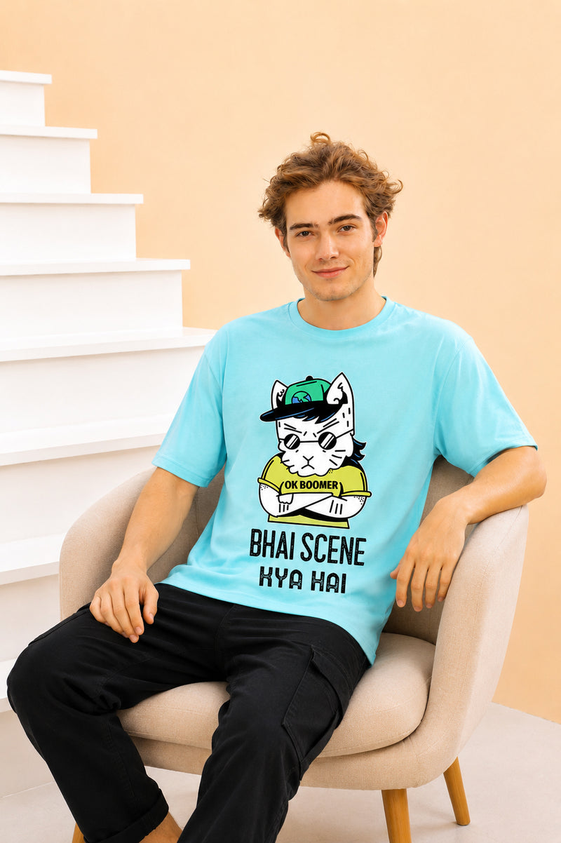 Faltu.co Bhai Scene Kya Hai Men’s Printed Oversized Baggy Fit Rich Soft Cotton Fabric T-shirt