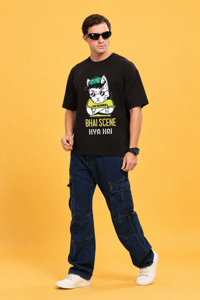 Faltu.co Bhai Scene Kya Hai Men’s Printed Oversized Baggy Fit Rich Soft Cotton Fabric T-shirt