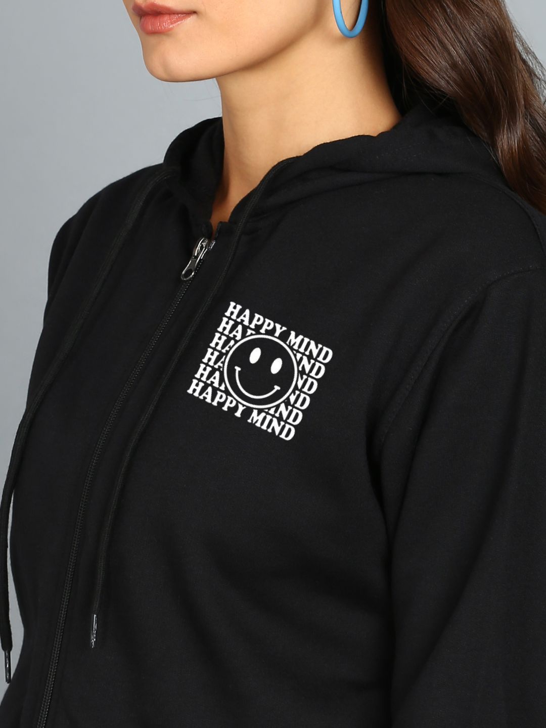 Happy Mind Printed Women's Cotton Full Zipper Sweatshirt Hoodies with Kangaroo Pocket Winter Wear Hooded Neck Sweatshirt