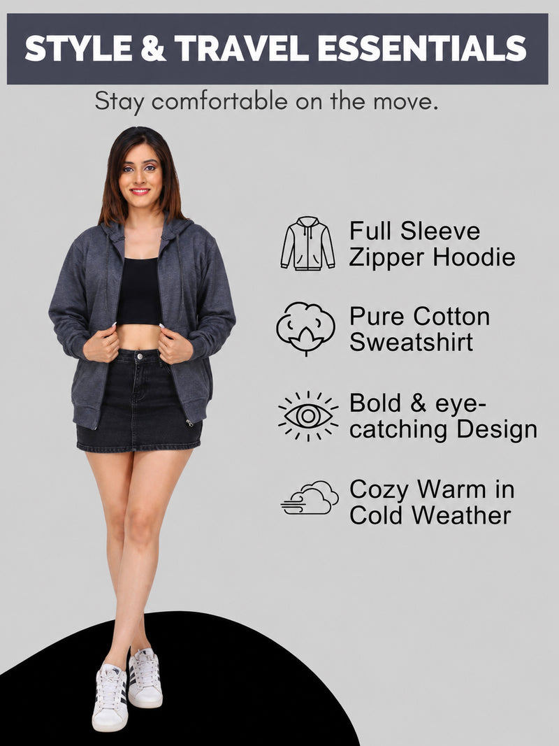 Women’s Charcoal Grey Zipper Hooded Hoodie Stylish & Premium Comfort
