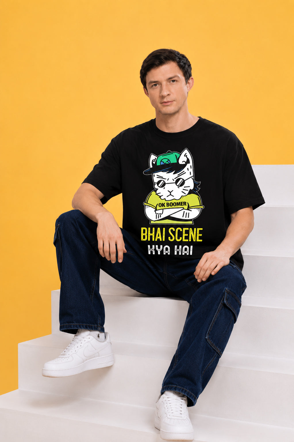 Faltu.co Bhai Scene Kya Hai Men’s Printed Oversized Baggy Fit Rich Soft Cotton Fabric T-shirt