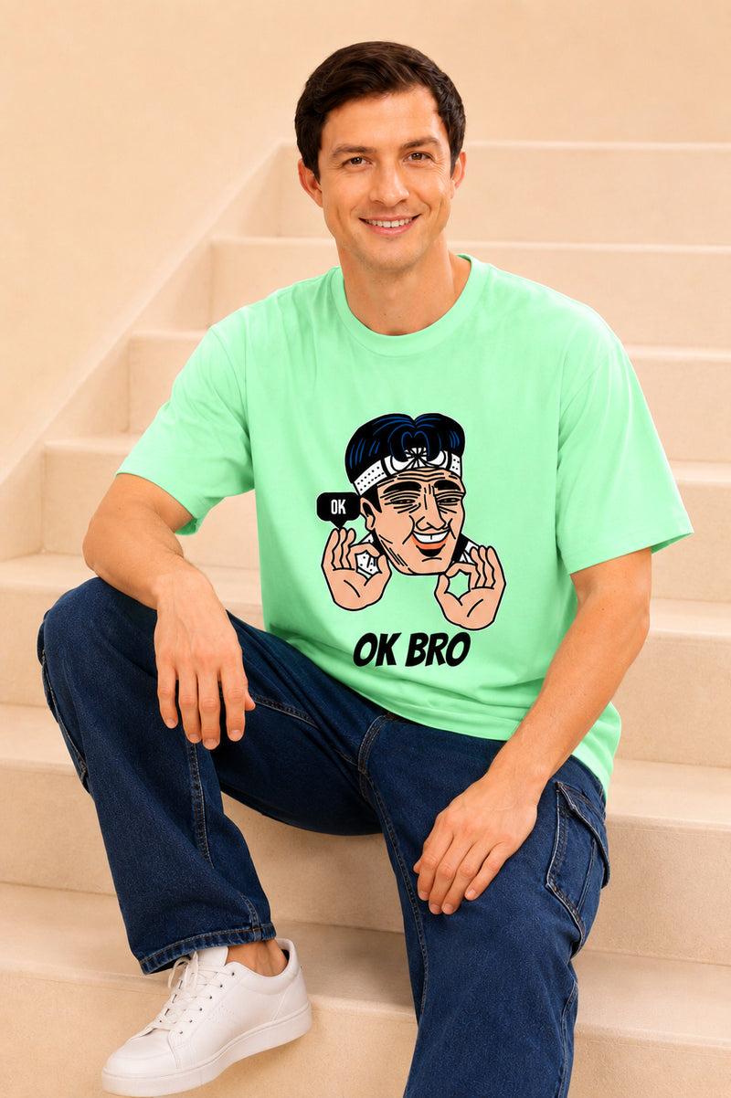 Faltu.co Ok Bro Men’s Printed Oversized Baggy Fit Rich Soft Cotton Fabric T-shirt