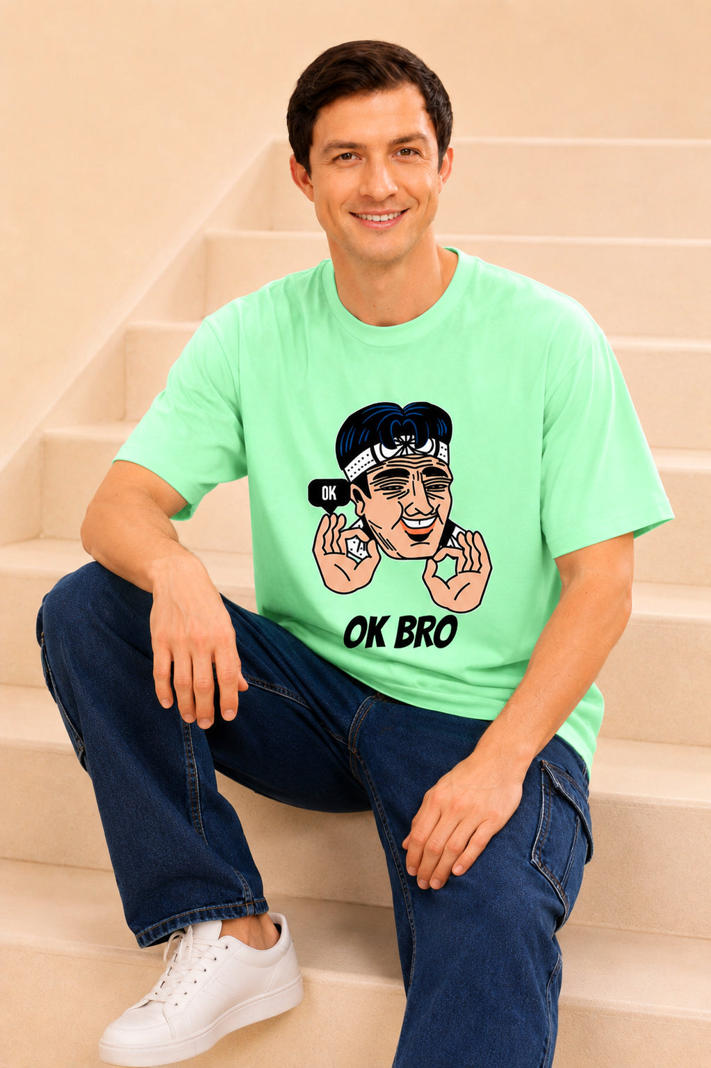 Faltu.co Ok Bro Men’s Printed Oversized Baggy Fit Rich Soft Cotton Fabric T-shirt