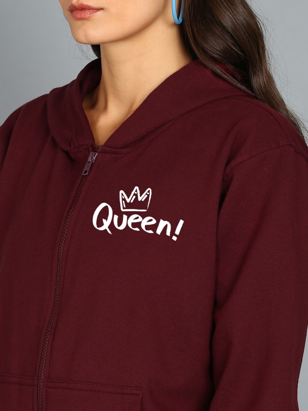 Queen Printed Women's Cotton Full Zipper Sweatshirt Hoodies with Kangaroo Pocket Winter Wear Hooded Neck Sweatshirt