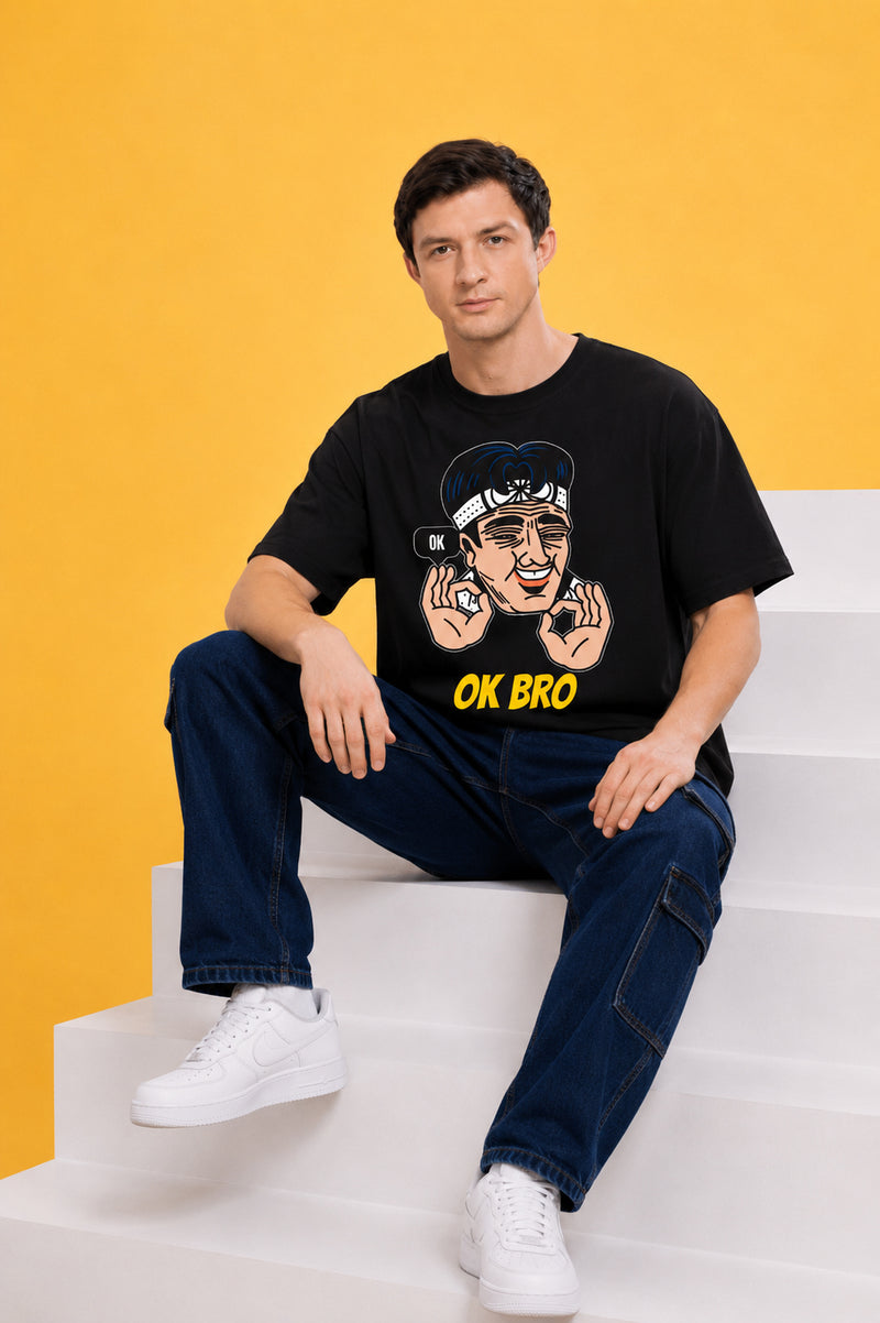 Faltu.co Ok Bro Men’s Printed Oversized Baggy Fit Rich Soft Cotton Fabric T-shirt