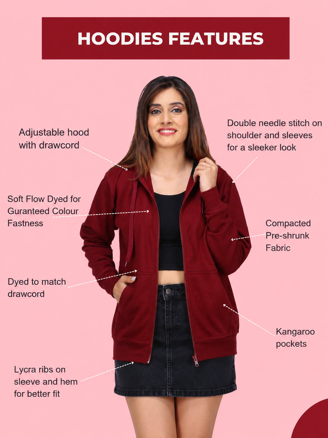 Women’s Maroon Zipper Hooded Hoodie Stylish & Premium Comfort