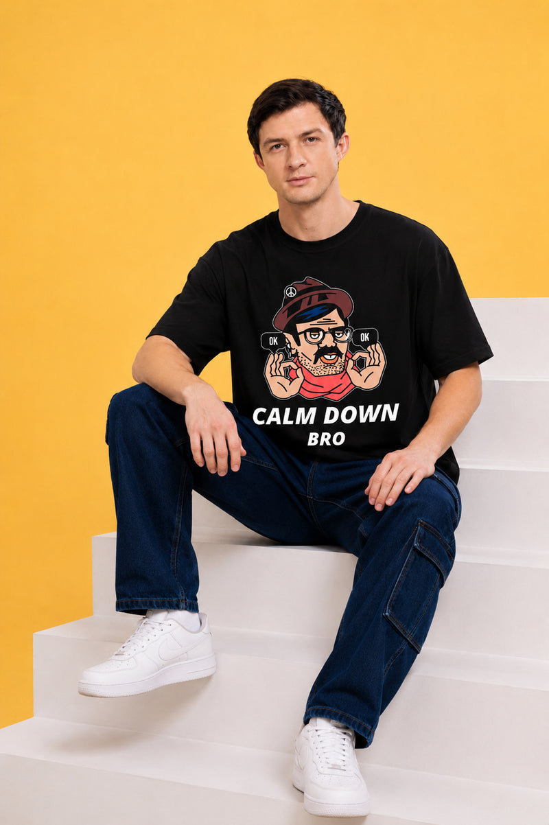 Faltu.co Calm Down Bro Men’s Printed Oversized Baggy Fit Rich Soft Cotton Fabric T-shirt
