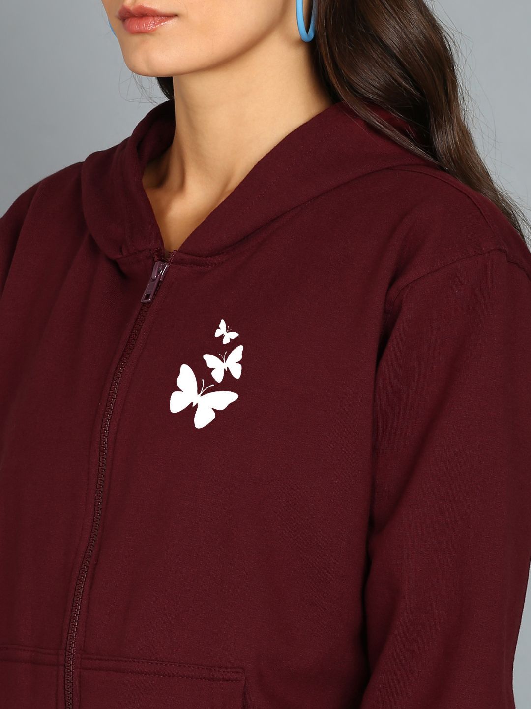 Butterfly Printed Women's Cotton Full Zipper Sweatshirt Hoodies with Kangaroo Pocket Winter Wear Hooded Neck Sweatshirt