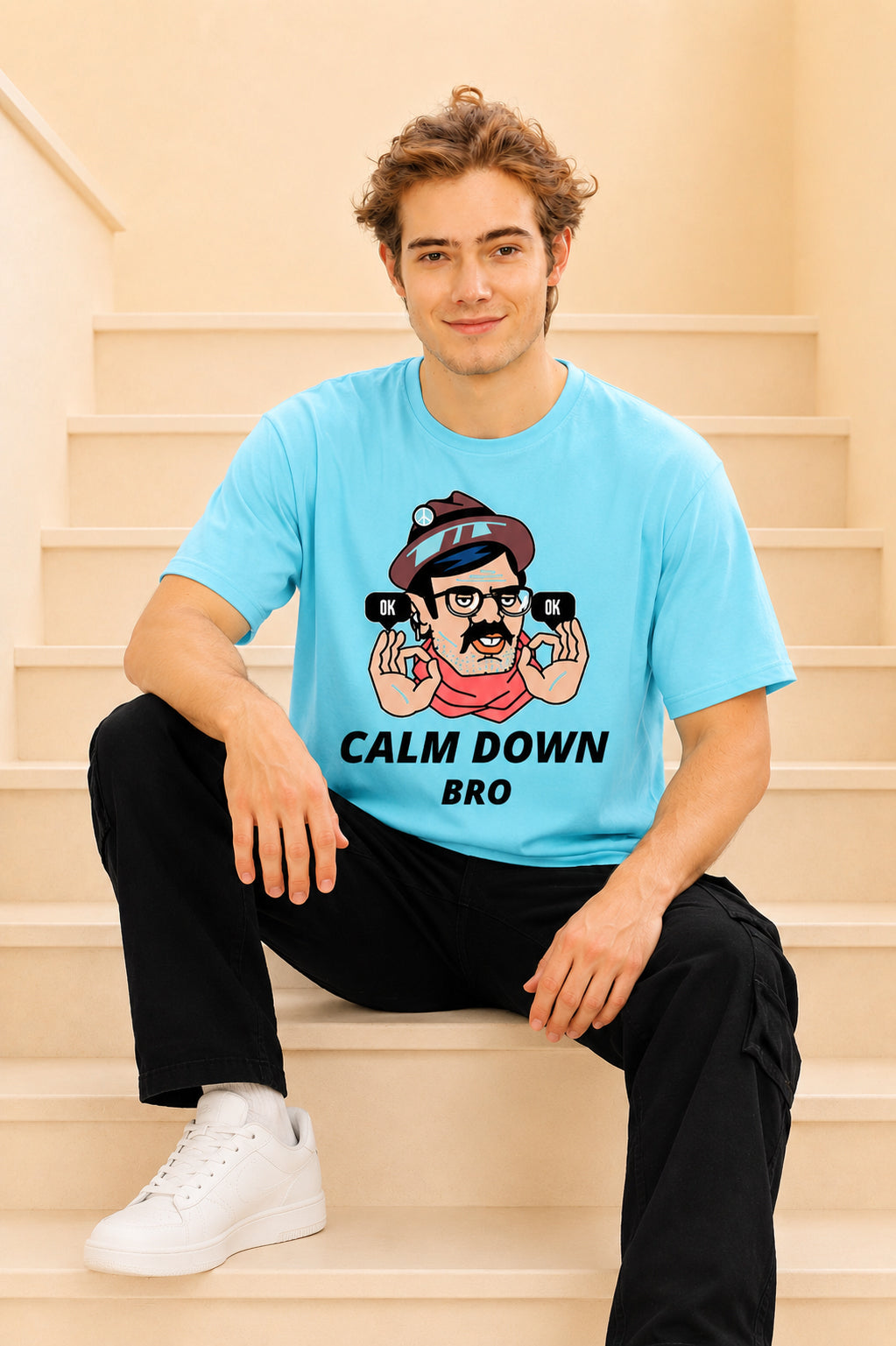 Faltu.co Calm Down Bro Men’s Printed Oversized Baggy Fit Rich Soft Cotton Fabric T-shirt