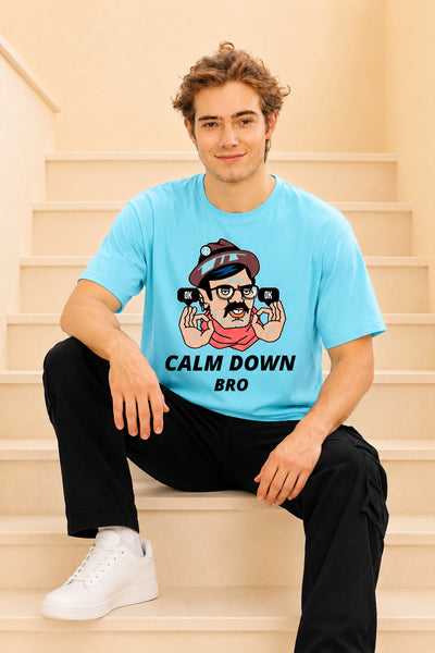 Faltu.co Calm Down Bro Men’s Printed Oversized Baggy Fit Rich Soft Cotton Fabric T-shirt
