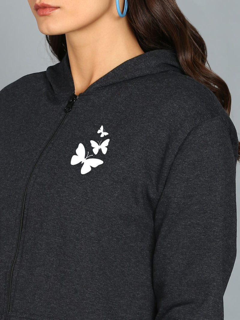 Butterfly Printed Women's Cotton Full Zipper Sweatshirt Hoodies with Kangaroo Pocket Winter Wear Hooded Neck Sweatshirt
