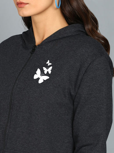 Butterfly Printed Women's Cotton Full Zipper Sweatshirt Hoodies with Kangaroo Pocket Winter Wear Hooded Neck Sweatshirt