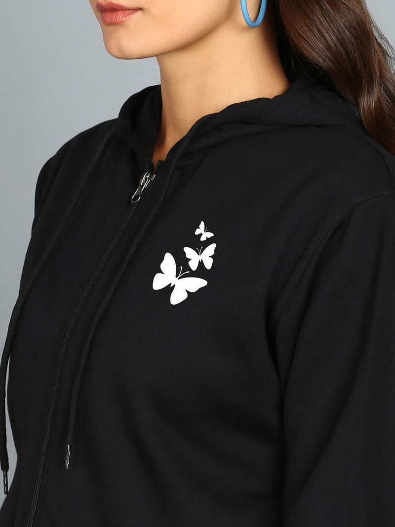 Butterfly Printed Women's Cotton Full Zipper Sweatshirt Hoodies with Kangaroo Pocket Winter Wear Hooded Neck Sweatshirt
