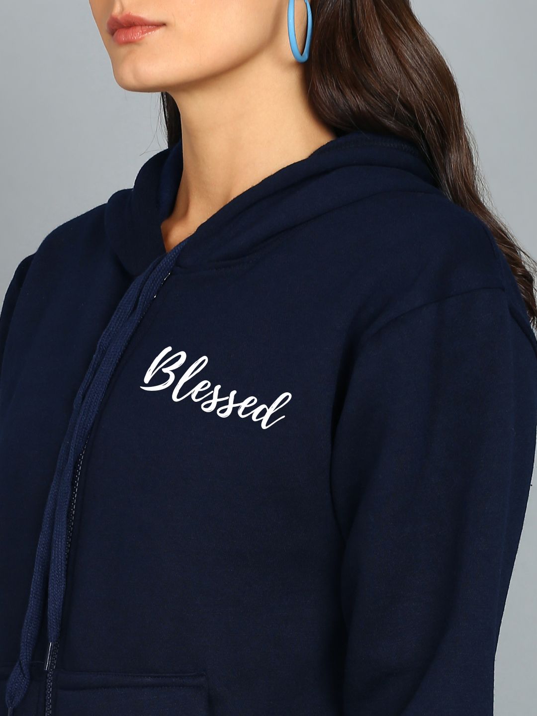 Blessed Printed Women's Cotton Full Zipper Sweatshirt Hoodies with Kangaroo Pocket Winter Wear Hooded Neck Sweatshirt