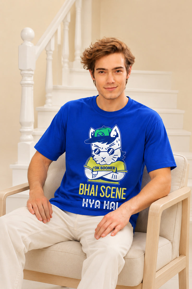 Faltu.co Bhai Scene Kya Hai Men’s Printed Oversized Baggy Fit Rich Soft Cotton Fabric T-shirt