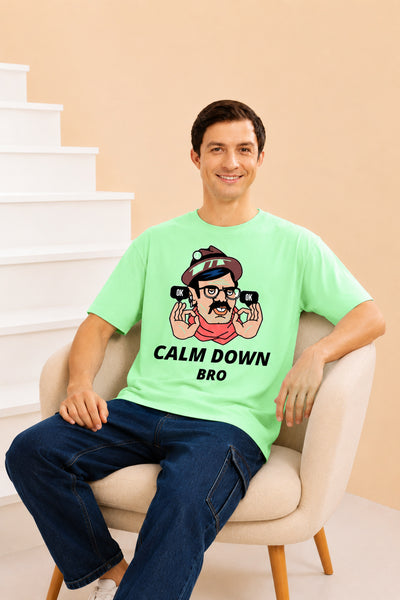 Faltu.co Calm Down Bro Men’s Printed Oversized Baggy Fit Rich Soft Cotton Fabric T-shirt