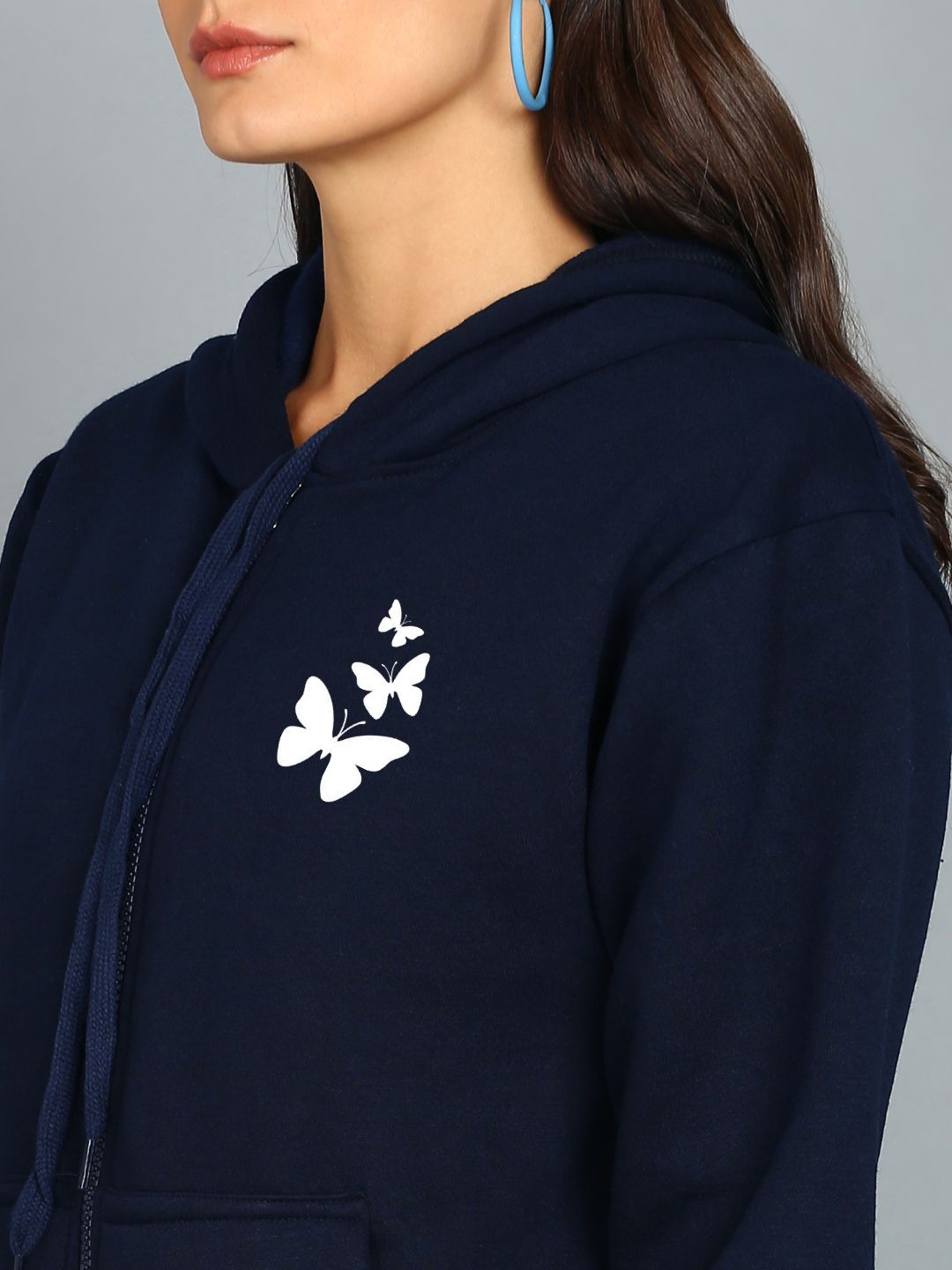 Butterfly Printed Women's Cotton Full Zipper Sweatshirt Hoodies with Kangaroo Pocket Winter Wear Hooded Neck Sweatshirt