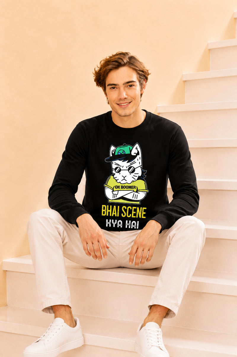 Faltu.co Bhai Kya Scene Hai Printed Men’s Full Sleeve Premium Pure Cotton Sweatshirt