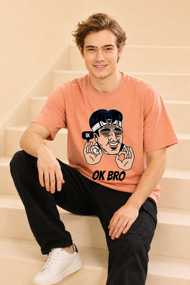 Faltu.co Ok Bro Men’s Printed Oversized Baggy Fit Rich Soft Cotton Fabric T-shirt
