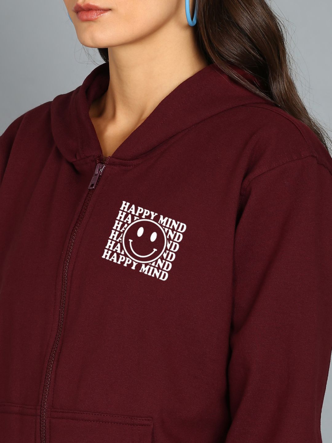Happy Mind Printed Women's Cotton Full Zipper Sweatshirt Hoodies with Kangaroo Pocket Winter Wear Hooded Neck Sweatshirt