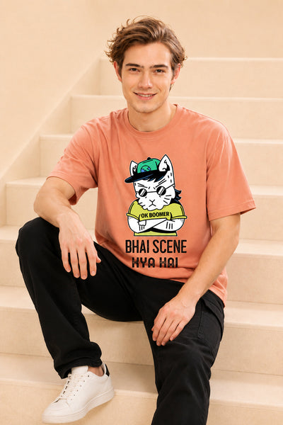 Faltu.co Bhai Scene Kya Hai Men’s Printed Oversized Baggy Fit Rich Soft Cotton Fabric T-shirt