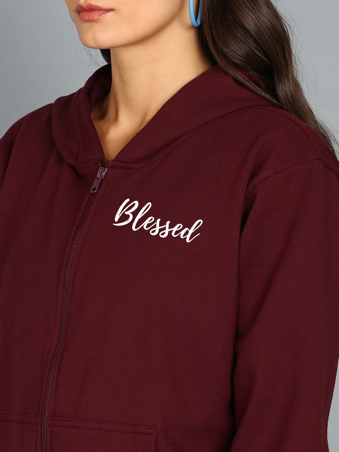 Blessed Printed Women's Cotton Full Zipper Sweatshirt Hoodies with Kangaroo Pocket Winter Wear Hooded Neck Sweatshirt