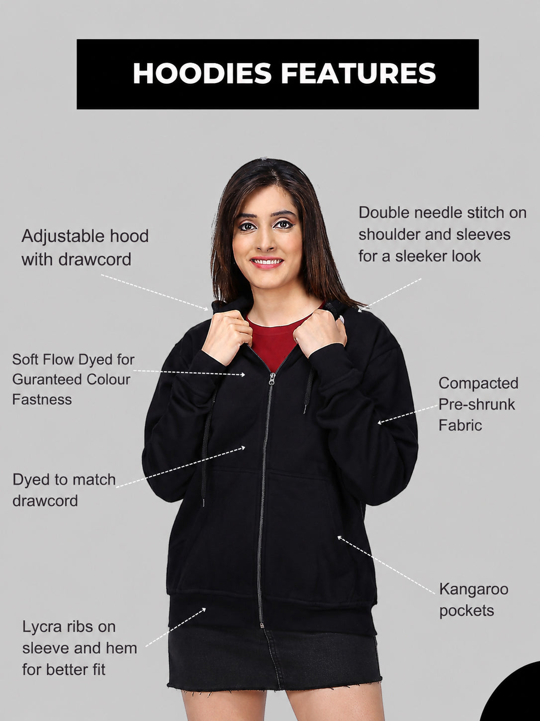Women’s Black Zipper Hooded Hoodie Stylish & Premium Comfort