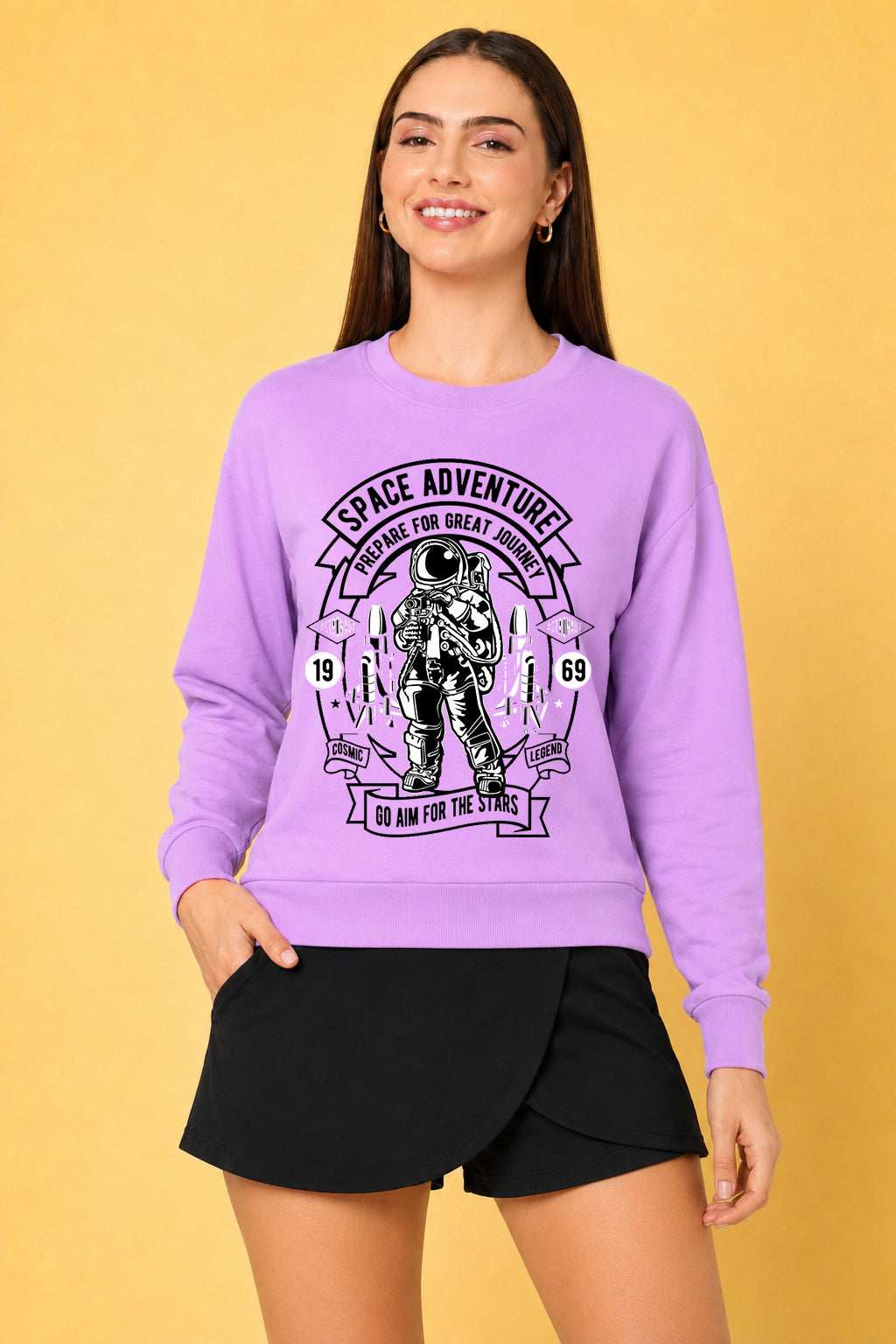 Space Adventure Printed Women’s Cozy & Stylish Full Sleeve Pastel Colour Sweatshirt