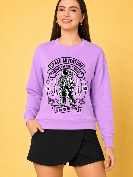 Space Adventure Printed Women’s Cozy & Stylish Full Sleeve Pastel Colour Sweatshirt