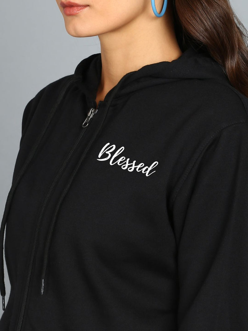 Blessed Printed Women's Cotton Full Zipper Sweatshirt Hoodies with Kangaroo Pocket Winter Wear Hooded Neck Sweatshirt
