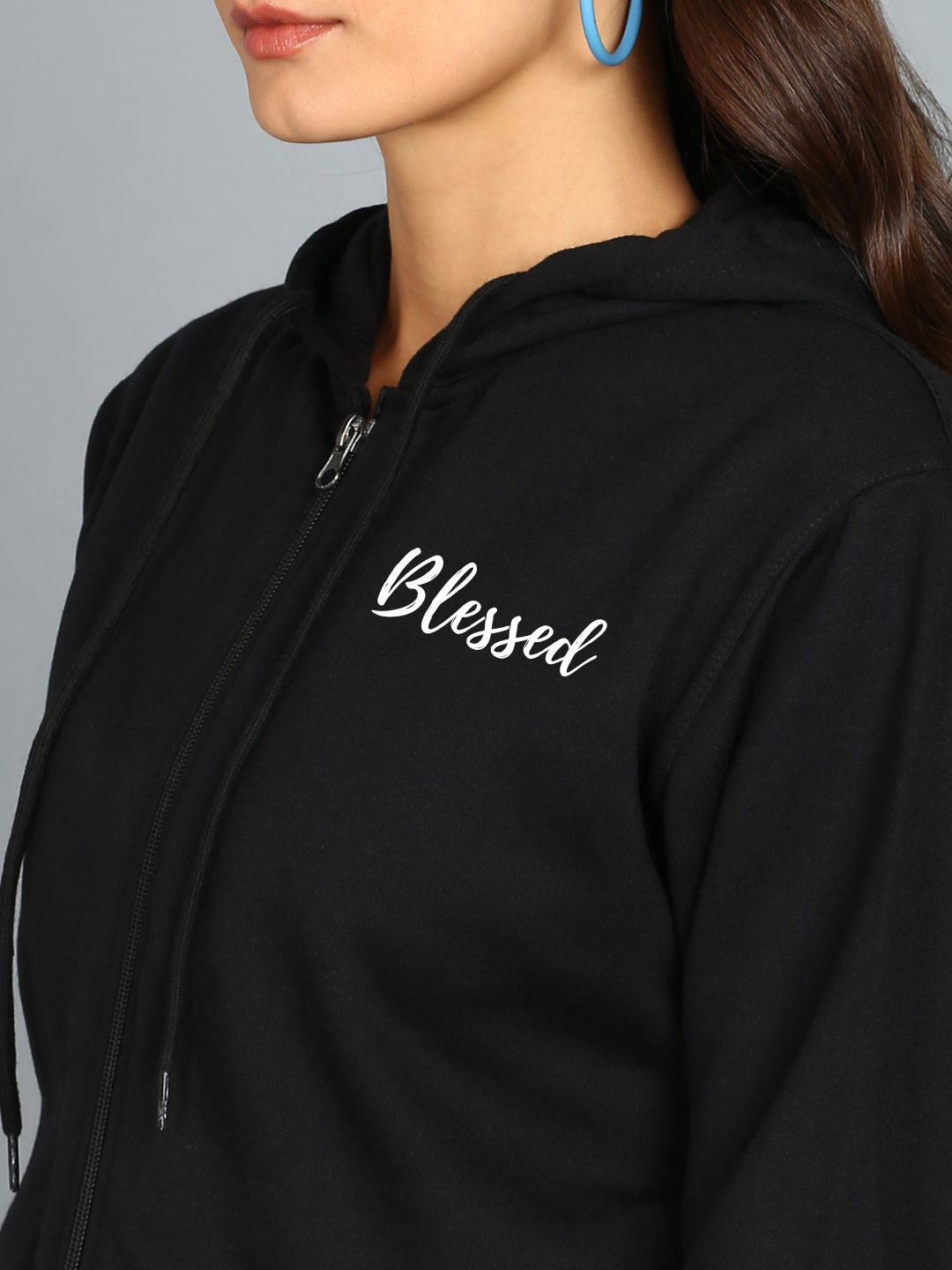 Blessed Printed Women's Cotton Full Zipper Sweatshirt Hoodies with Kangaroo Pocket Winter Wear Hooded Neck Sweatshirt
