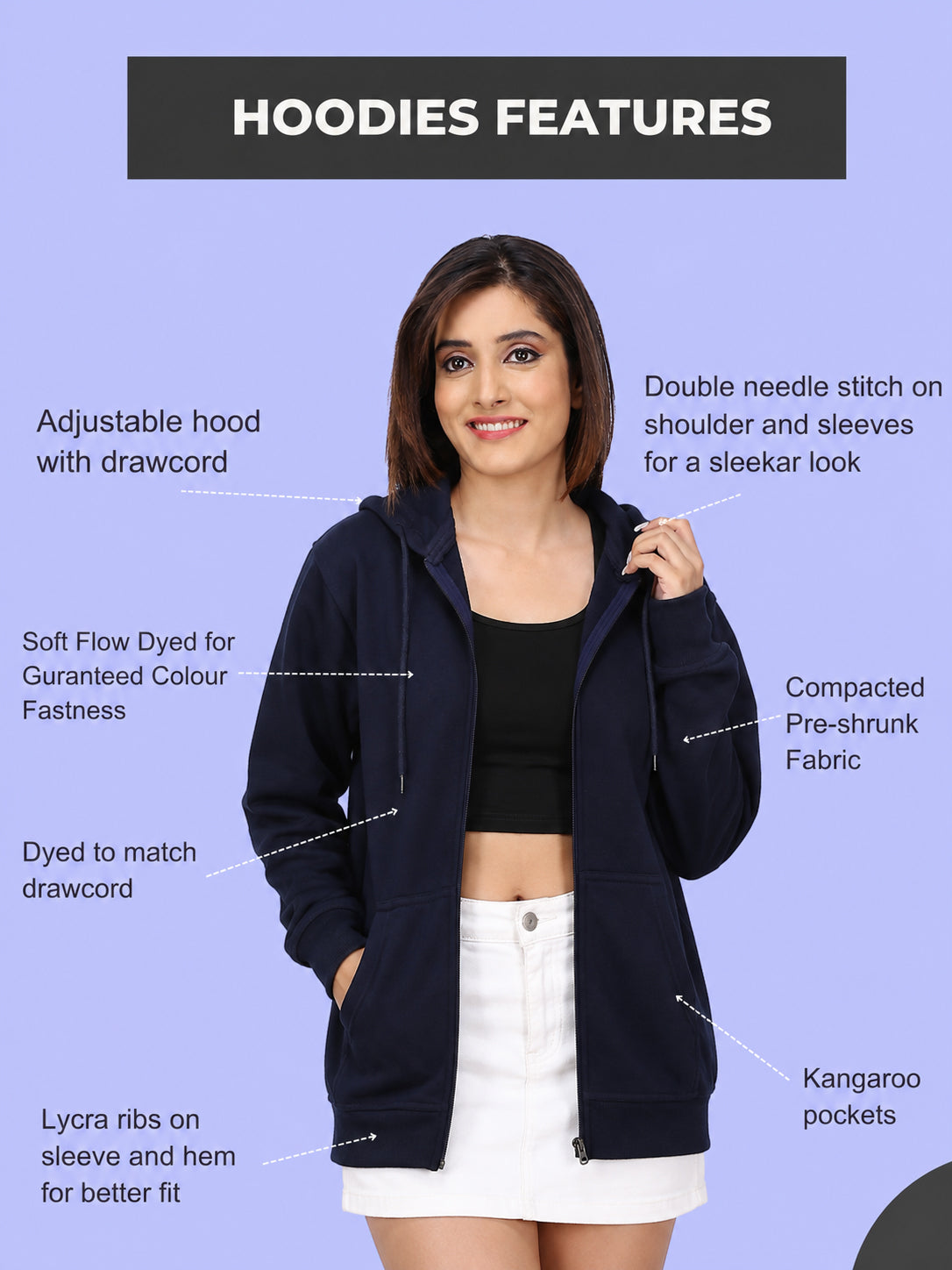 Women’s Navy Blue Zipper Hooded Hoodie Stylish & Premium Comfort