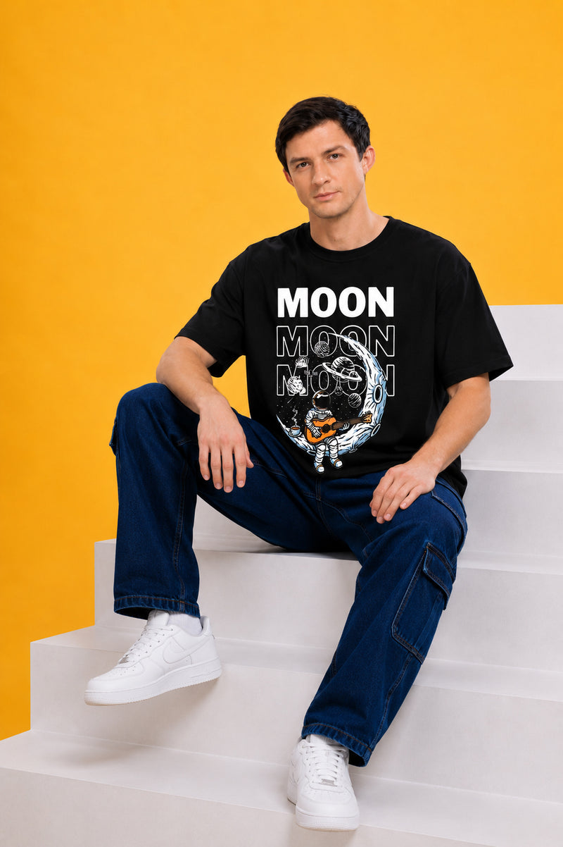 Faltu.co Moon 3 Men’s Printed Oversized Baggy Fit Rich Soft Cotton Fabric T-shirt